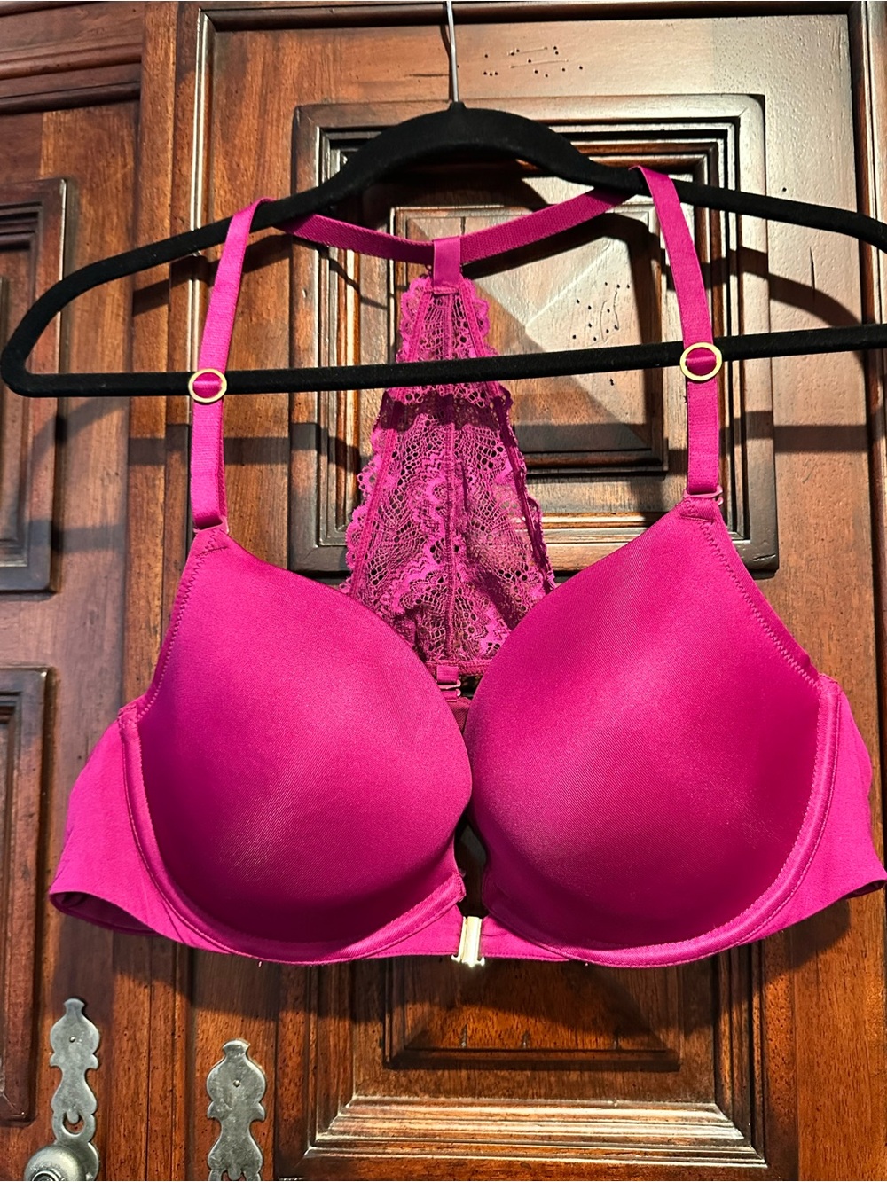 Cacique Fuchsia Lace Racerback Plunge Push-Up Bra